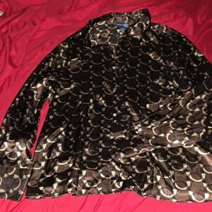Venezia Jeans Satin Geometric Button-Up Blouse Brown & Cream W/Collar